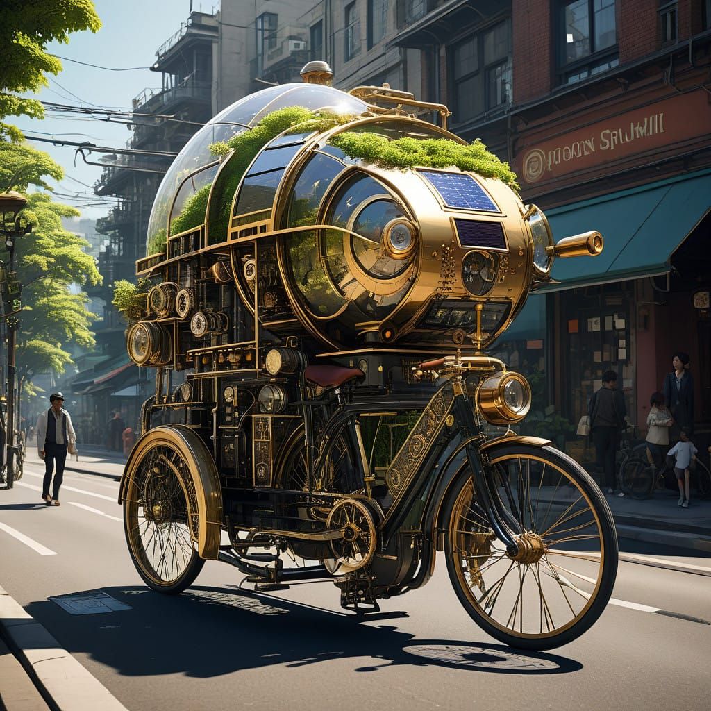 Elegant Solarpunk Gentleman Rides Through Thriving Eco-Frien...