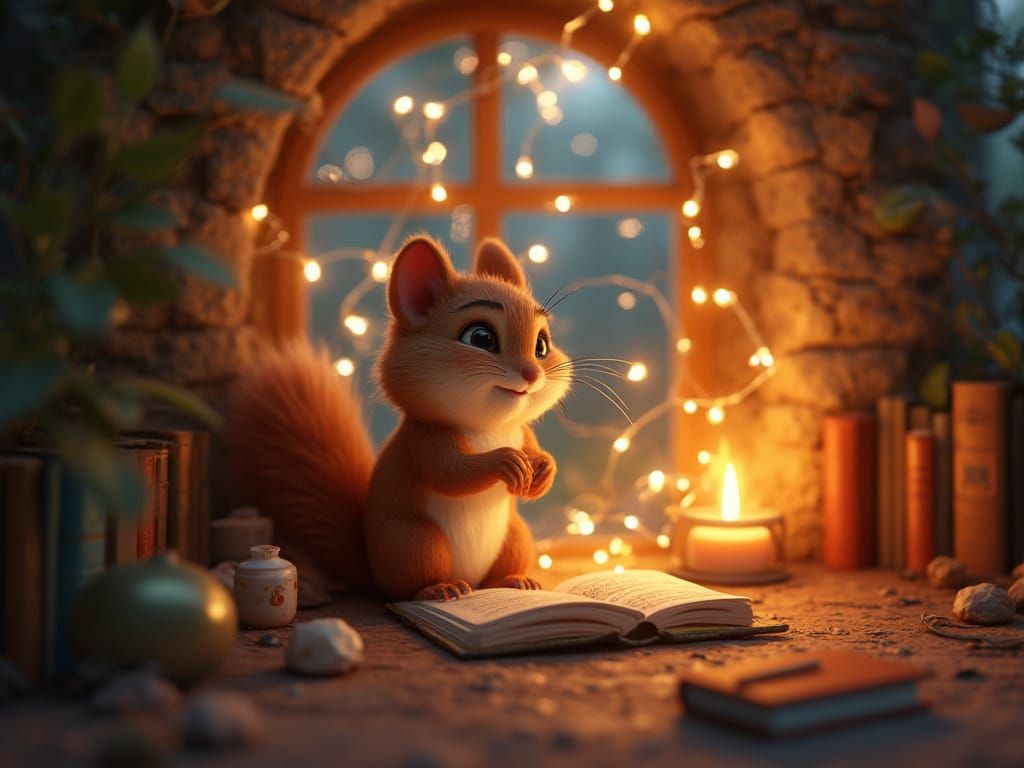 Squirrel in Reading Nook: 3D Anime Art