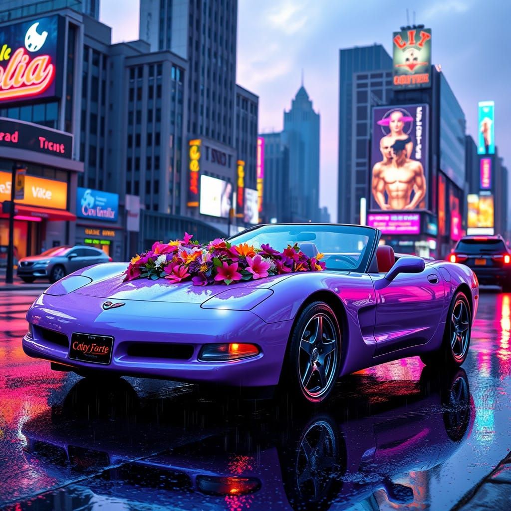 Lilac Corvette in Vibrant Flower Power Retro Futurism