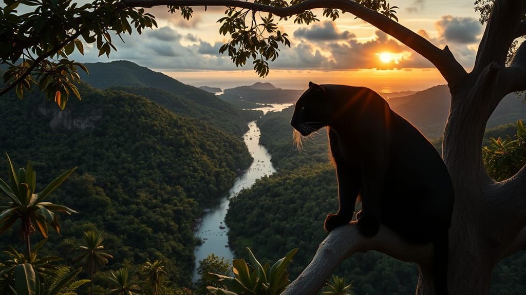 Intricate Black Panther Portrait in Tropical Rainforest Sett...