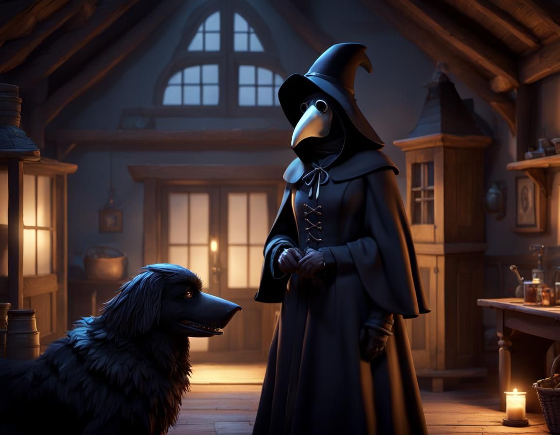 Plague Doctor and Newfoundland Comfort Sick Woman