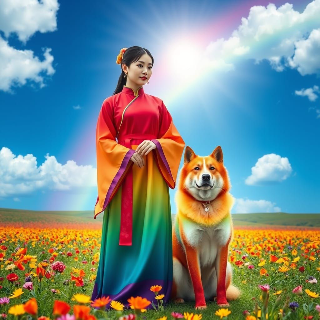 Rainbow Woman in Hanfu with Dog in Flower Field