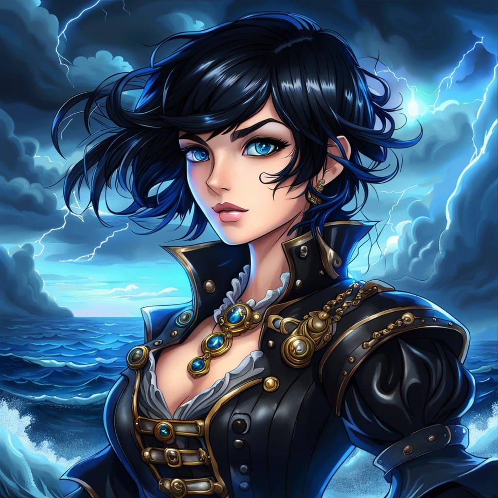 Anime Pirate Woman in Stormy Ocean Scene