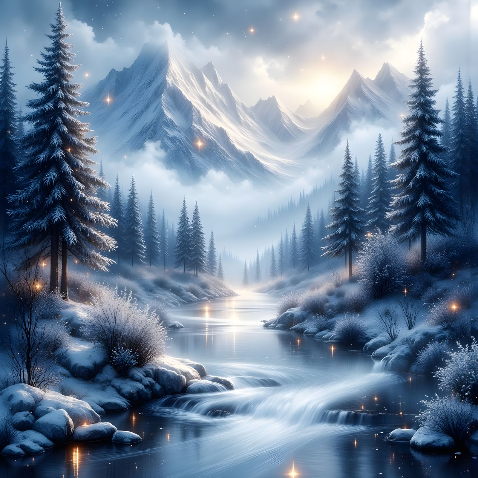 Enchanted Winter Mountains in Dreamy Blur Style