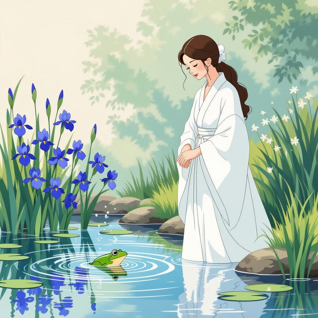 Woman by Pond with Irises in Miyazaki Style