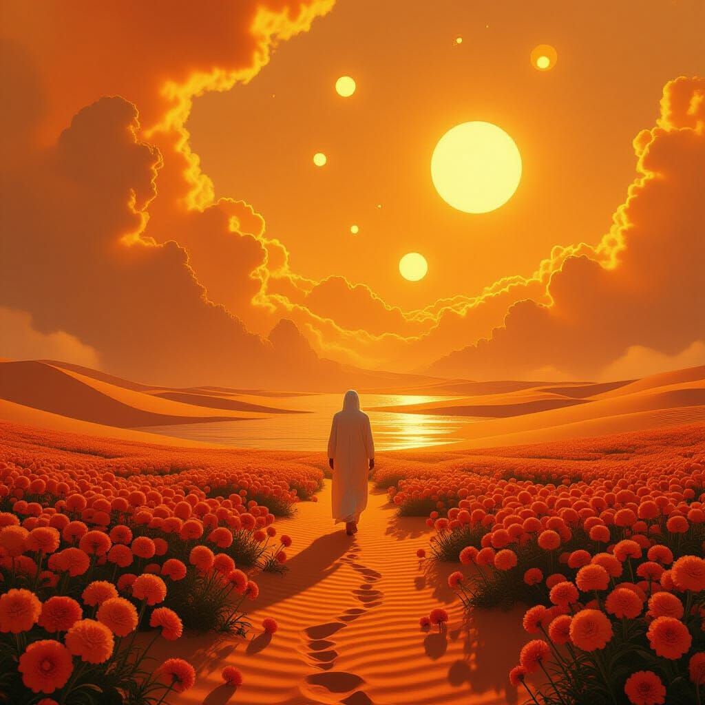 A surreal dreamscape bathed in hues of orange — molten skies...