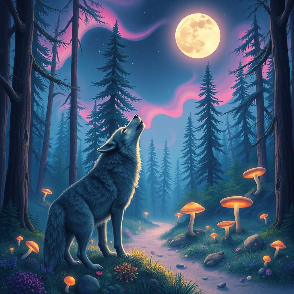 Mystical Wolf Howling Under Pink Northern Lights