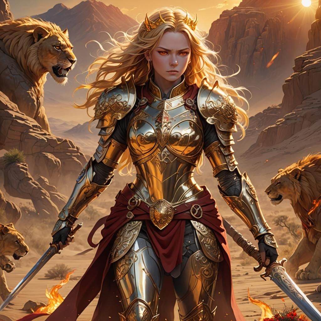 Regal Female Warrior with Golden Sword in Anime Art