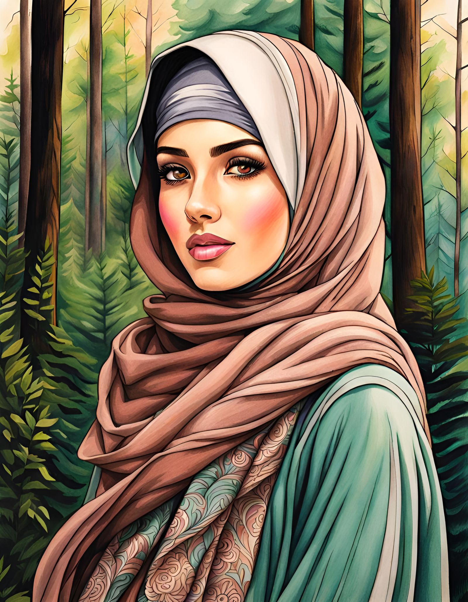Woman in Hijab in Forest, Color Pencil Style
