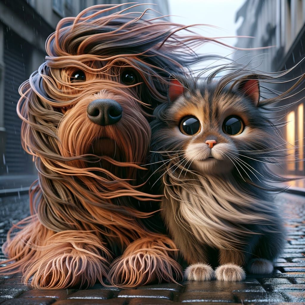 Hyperreal Cat and Dog in Rainy Urban Punk Style