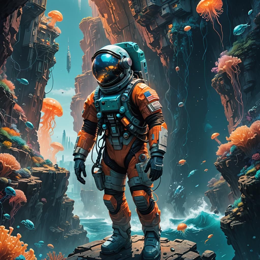Astronaut in Underwater Cityscape: Cinematic Concept Art