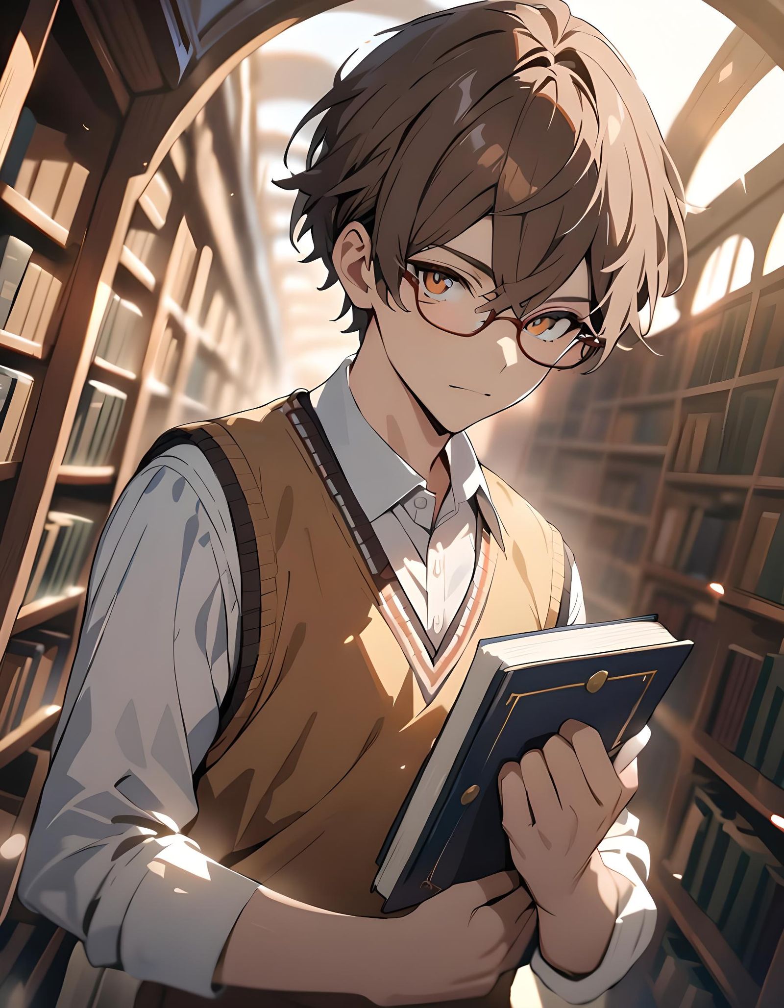 Young Man in Library with Messy Hair