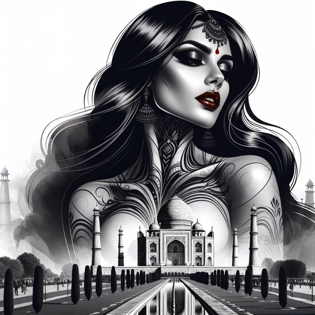 Noir-Comic Indian Goddess with Taj Mahal in the Background
