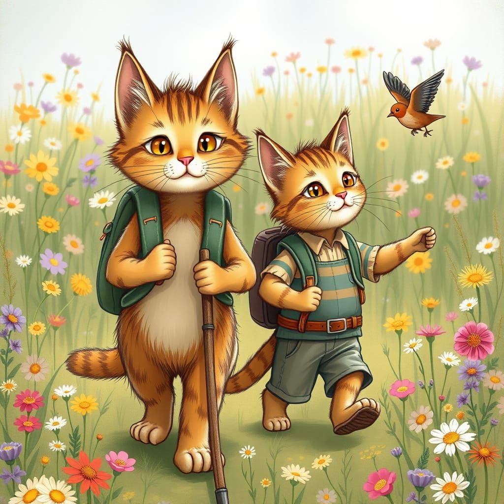 Cats Explore a Meadow in Beatrix Potter Style