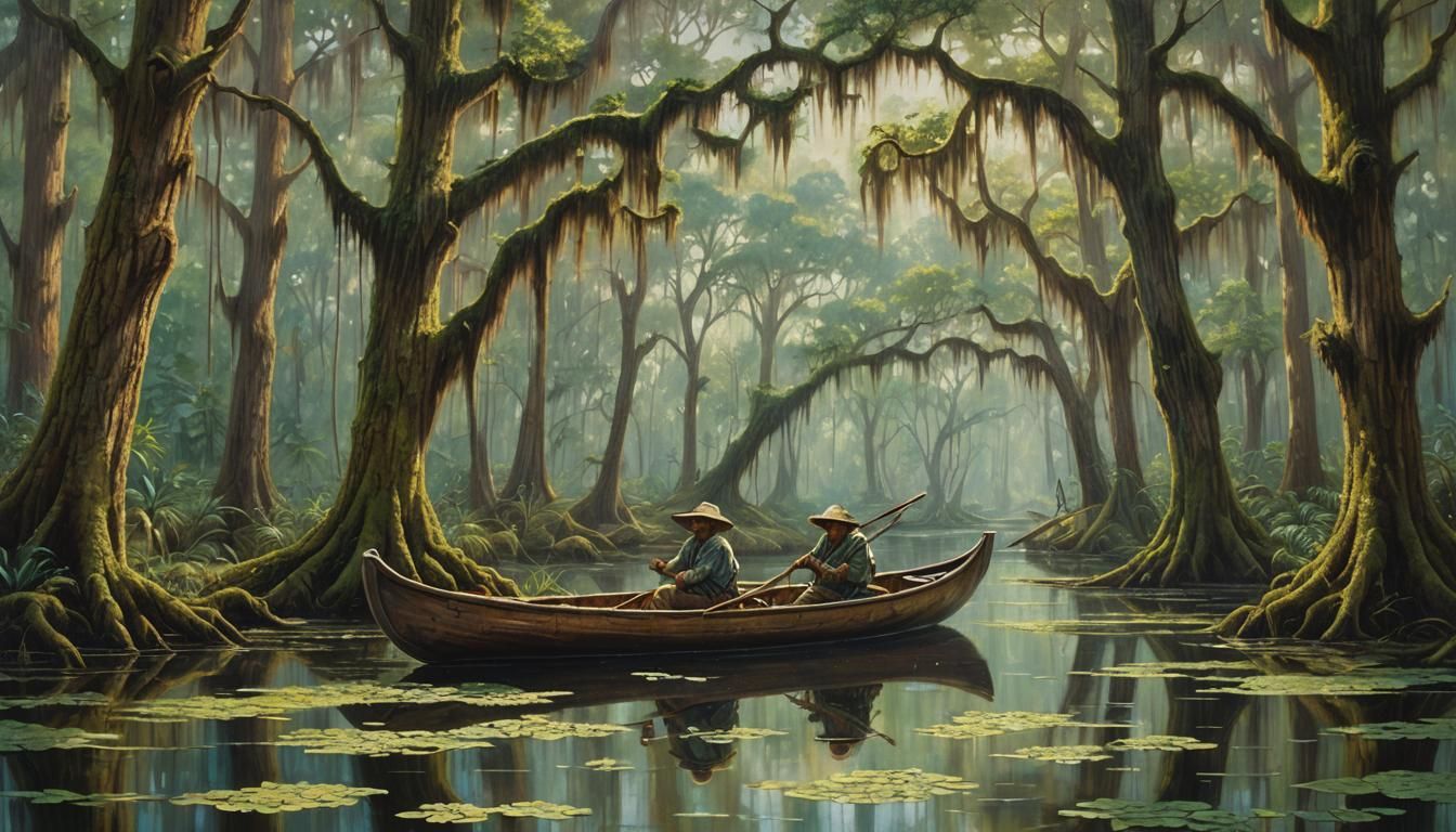 Louisiana Cajun Pirogue in Bayou: Oil Painting