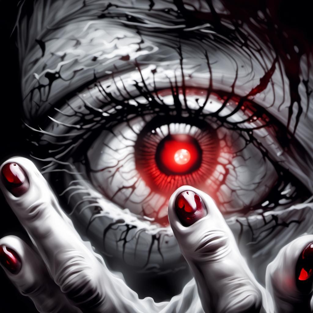 Blood-soaked Fingers Grasp Glowing Artifact in Dark Fantasy