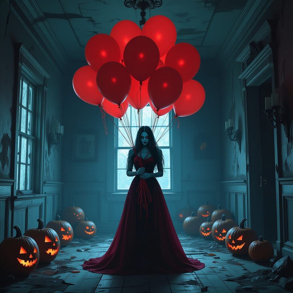 Zombie Scarlet Witch with Halloween Balloons in Dark House