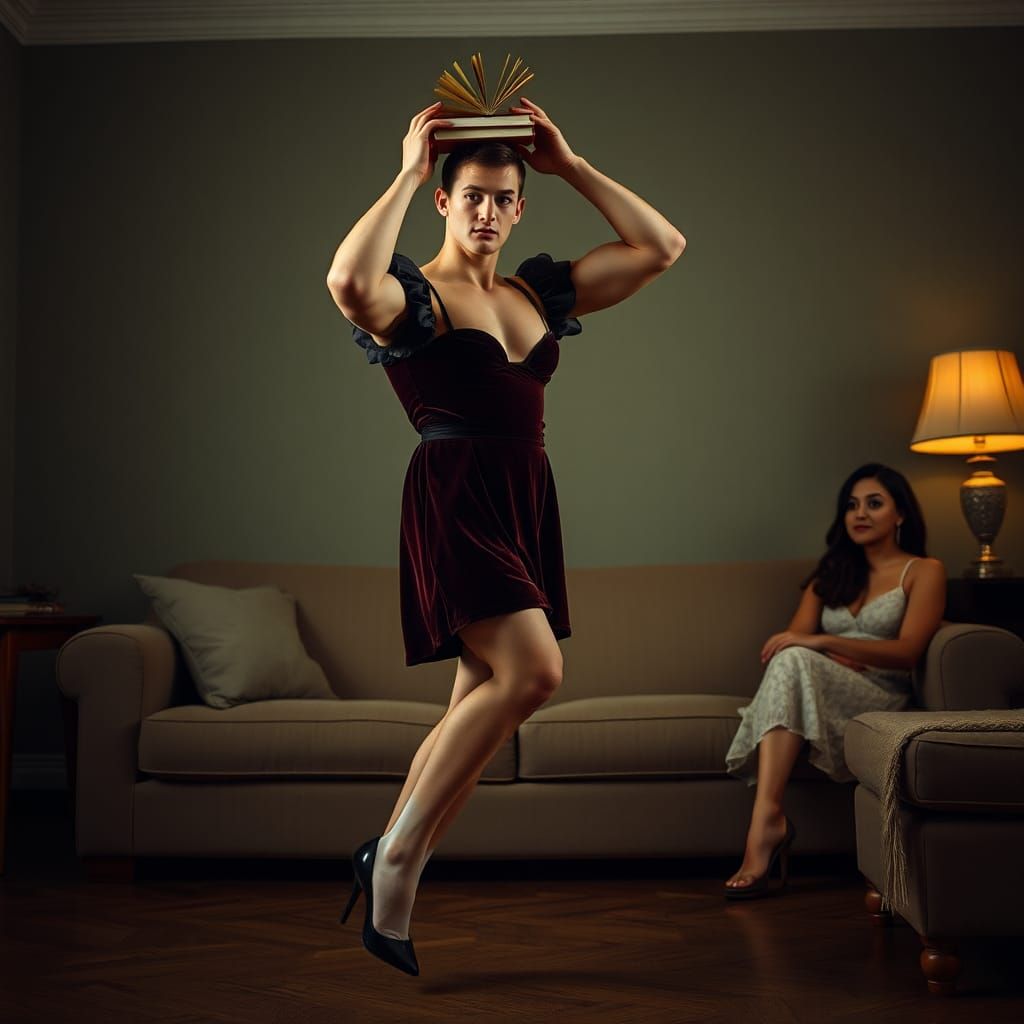 Muscular Boy Crossdressing in Velvet Dress, 4K Photo