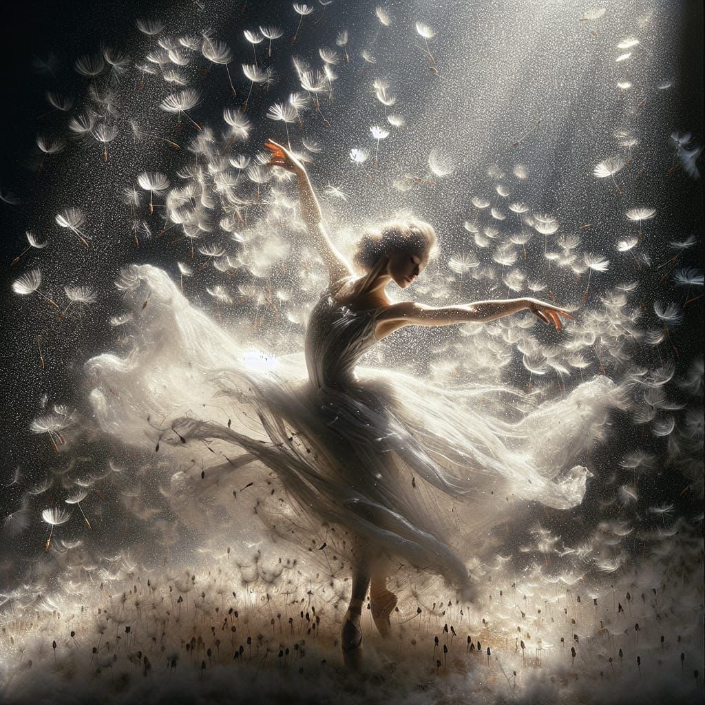 Ballerina Dancing Amidst Dandelion Seeds in Ethereal Light