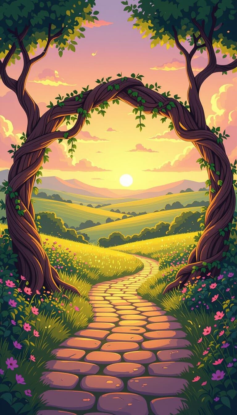 Magical African Sunset Garden in Cartoon Style