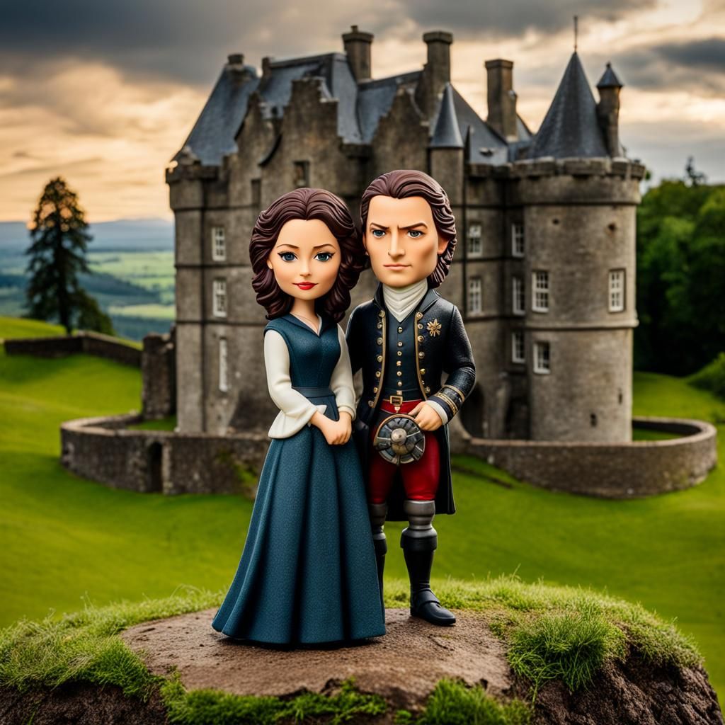 Bobble head Jaime and Claire Fraser from outlander in front of a Scottish castle