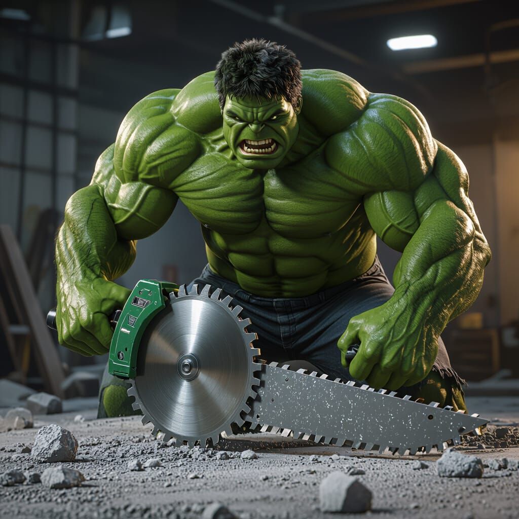 Hulk Cuts Concrete with Turbo Saw in Hyperrealistic Art