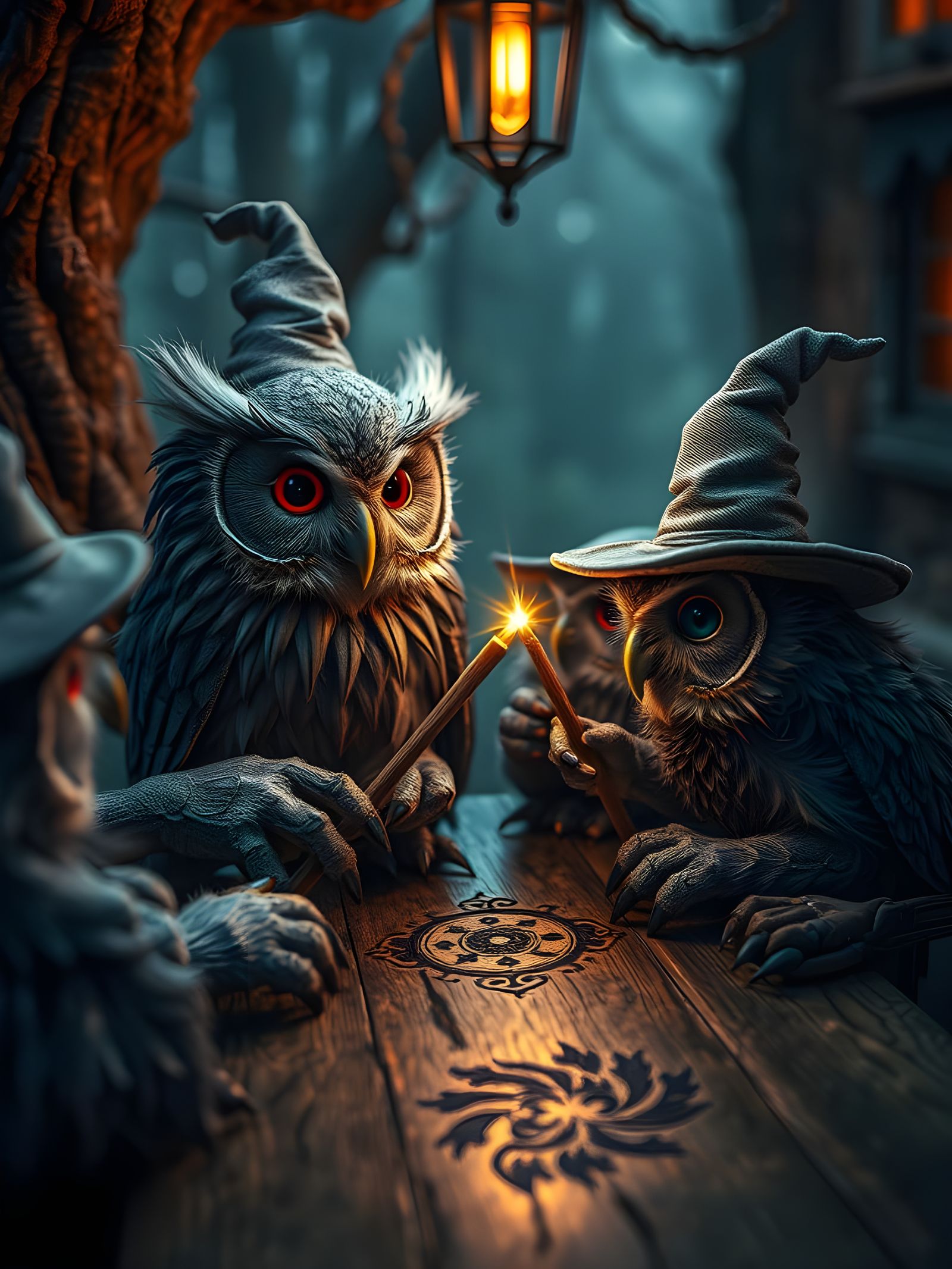 Steampunk Owl Wizard Teaches Baby Owls Magic in a Dark Gothi...