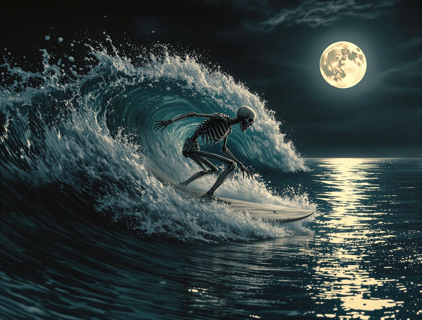 Surreal Skeleton Rides Stygian Driftwood Board Under Dark Mo...