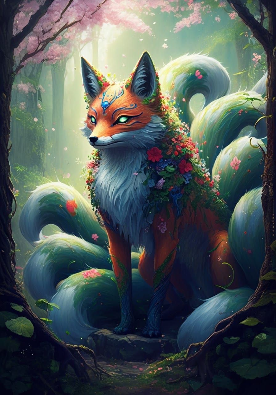 Mystical Flora Fox Spirit in Japanese Style