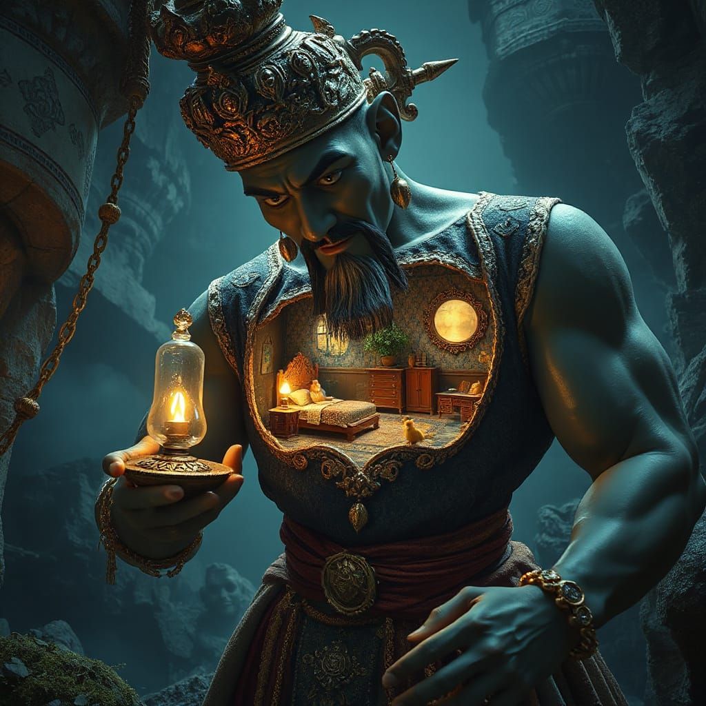 Giant Genie Gazing at Tiny World in Lamp