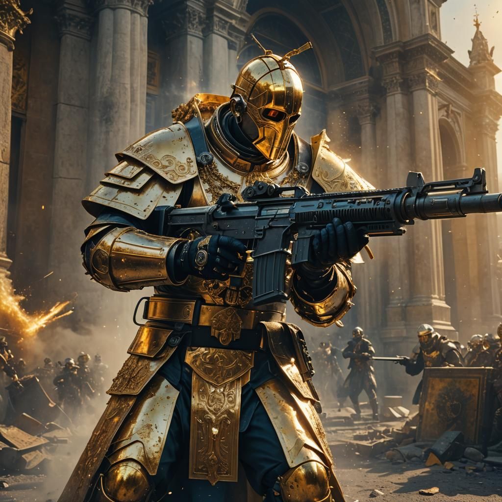 Pope Shooting Machine Gun in Golden Armor