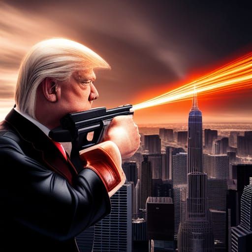 Cyborg Trump Fires Laser in Hyperrealistic Cityscape