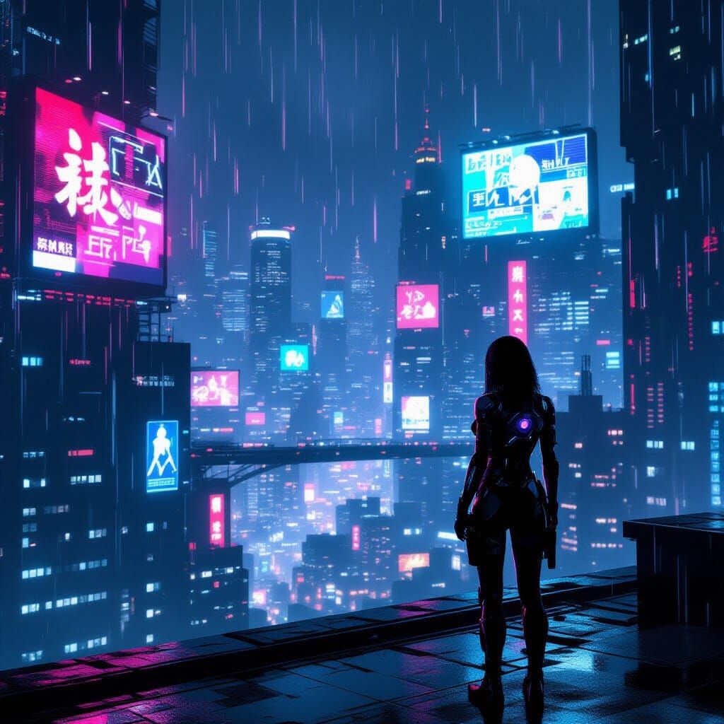 Cyberpunk Cityscape at Night with Woman on Rooftop