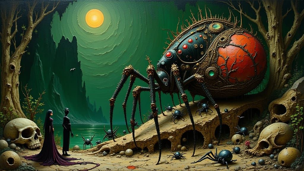 Spider Queen in Gothic Cave with Eerie Glow