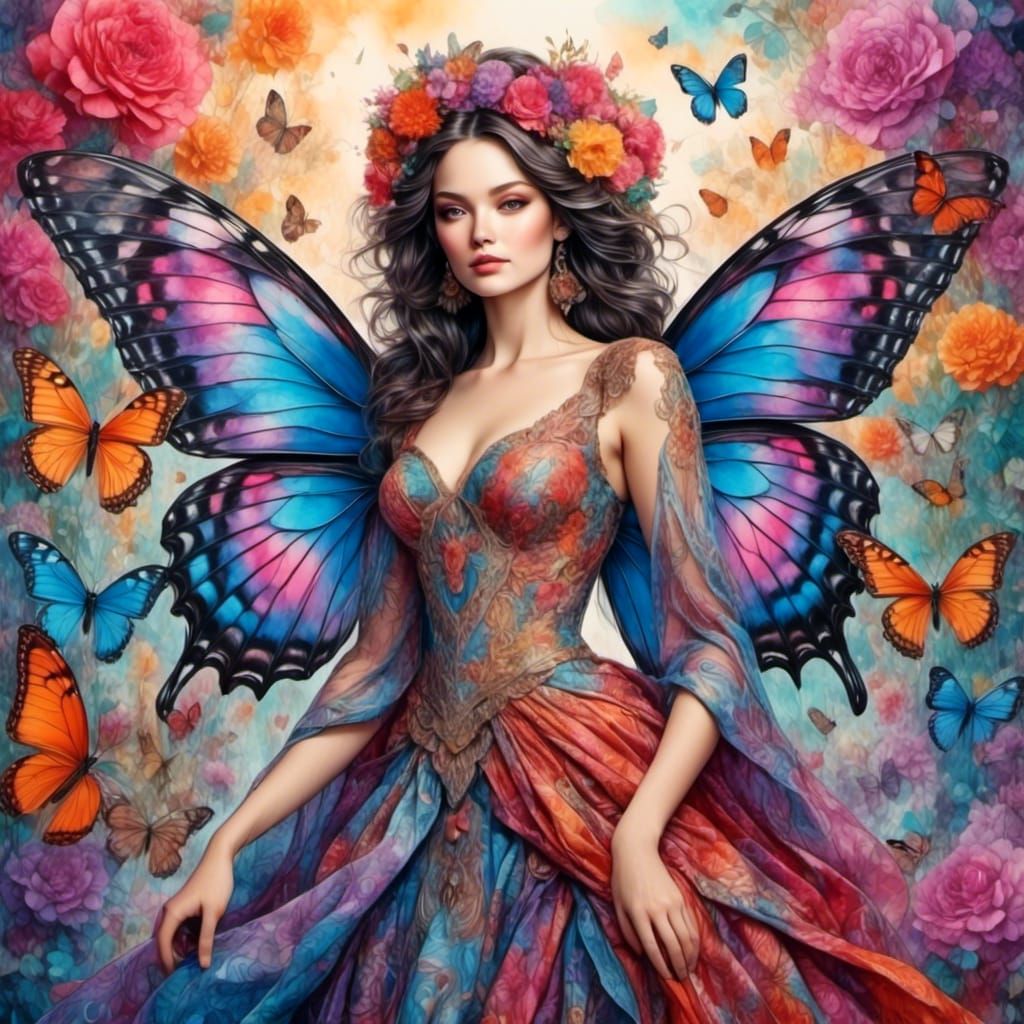 Butterfly Queen with Flowery Background in Splash Art