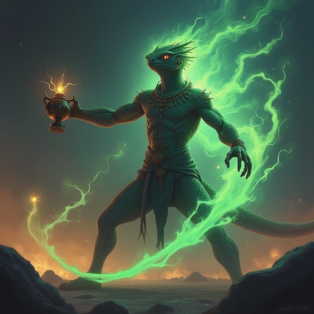 Lizard Thaumaturge Speaks to Ghosts with Magical Lamp