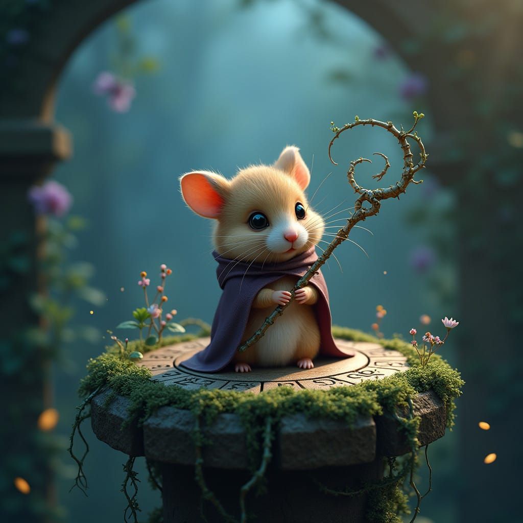Enchanted Hamster Sorcerer in Whimsical, High-Fantasy Art