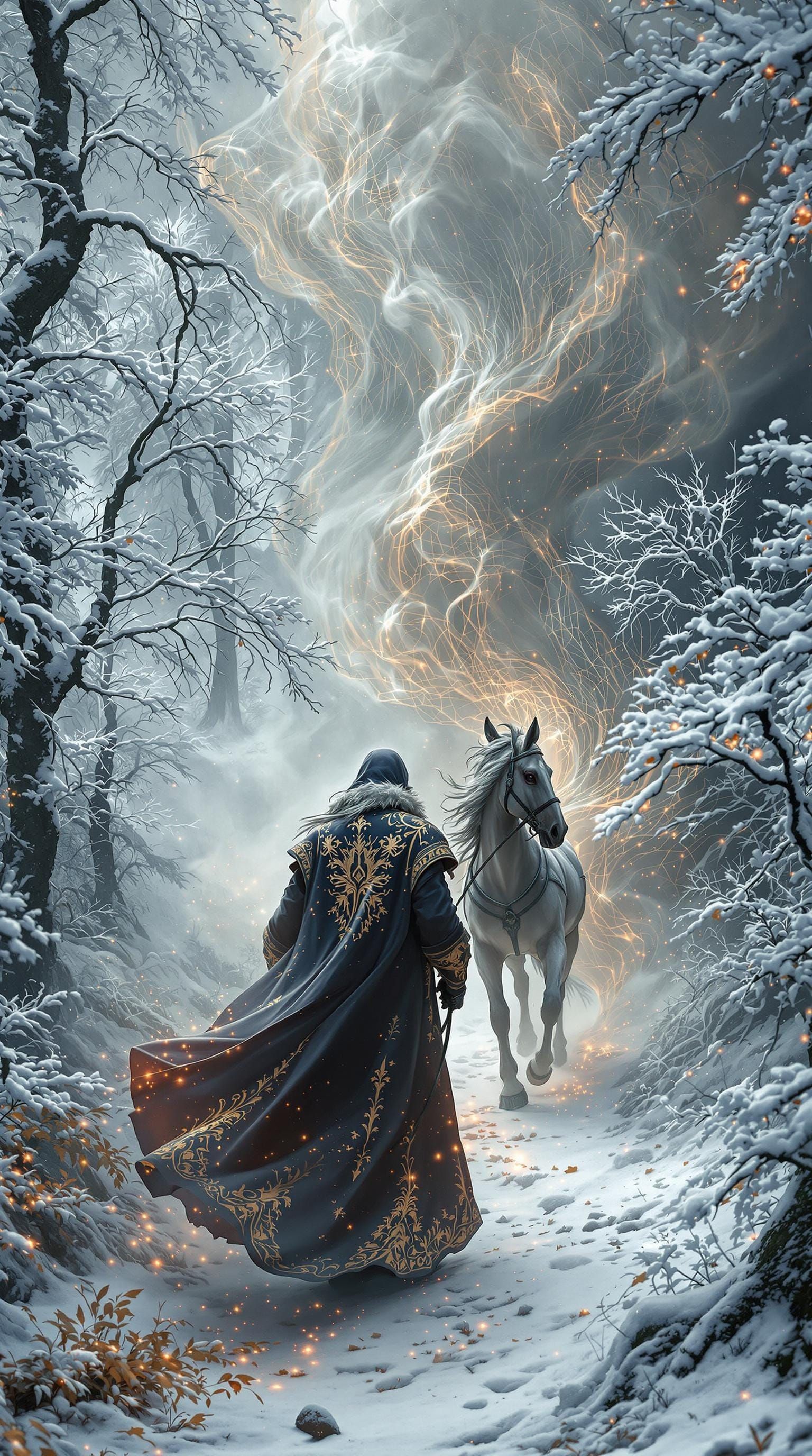 Enchanted Wizard Leads Horse Through Snowy Forest in Whimsic...