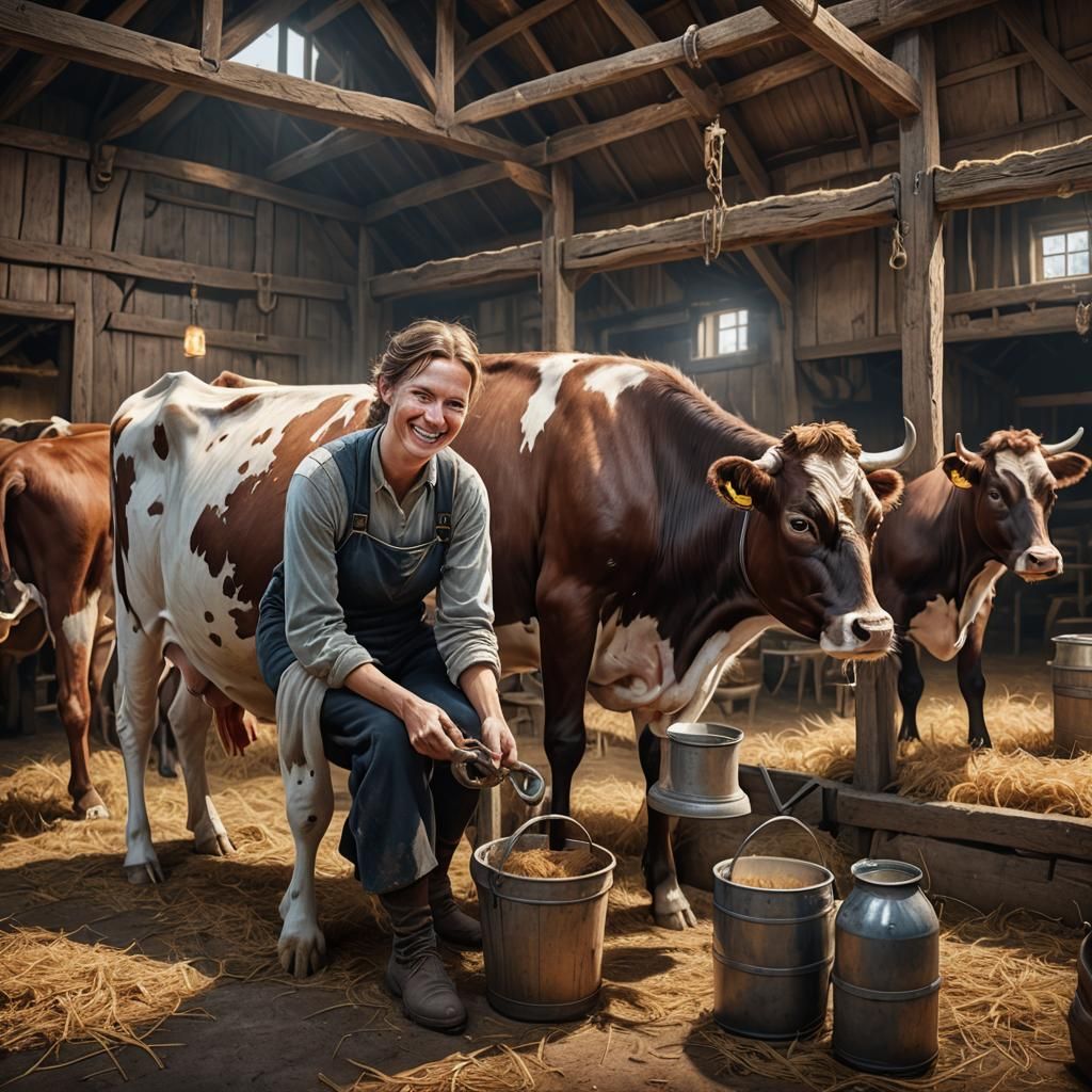 Rural Woman Milking Cow: Detailed Matte Painting