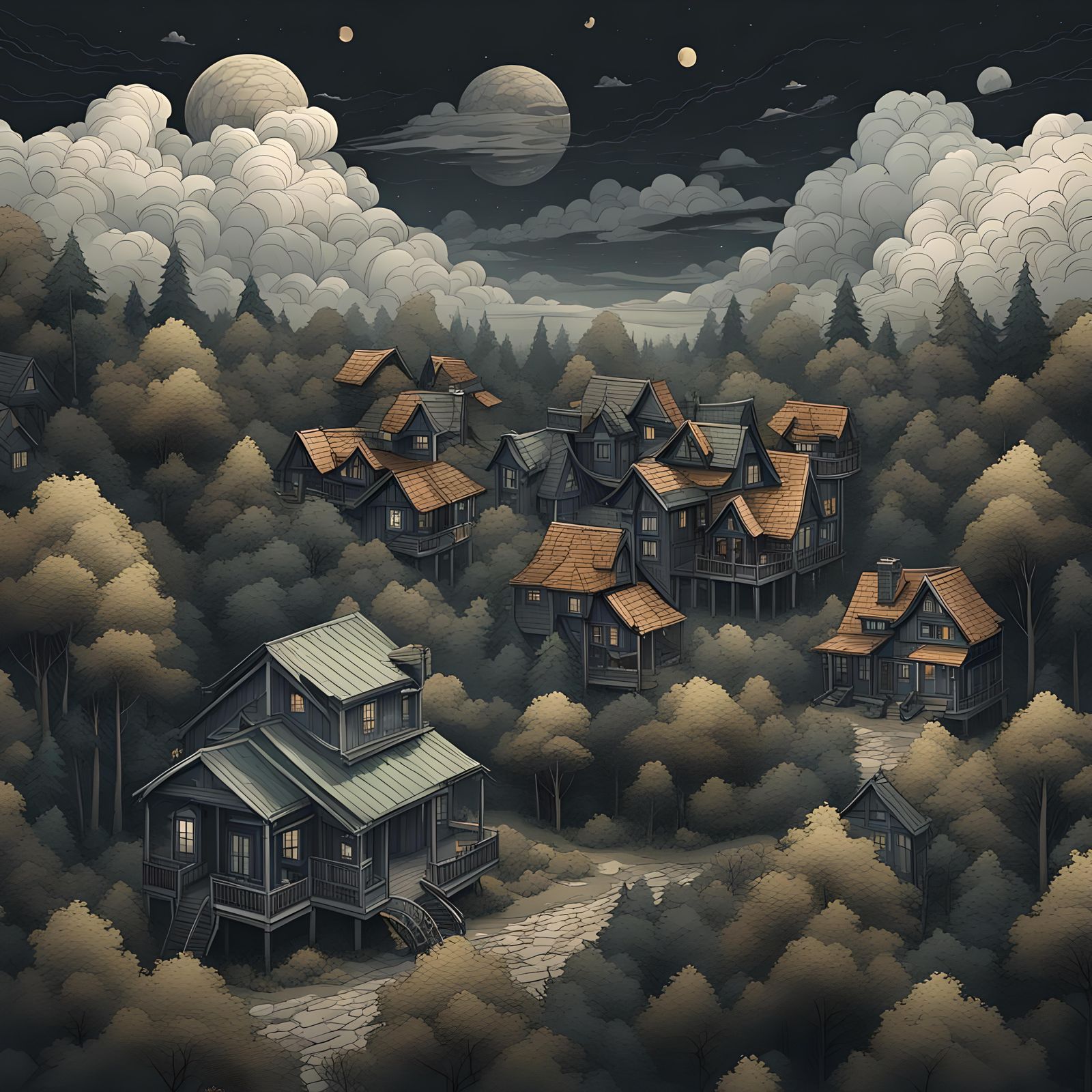 Dark Clouds Over Forest Houses in Metaverse Style
