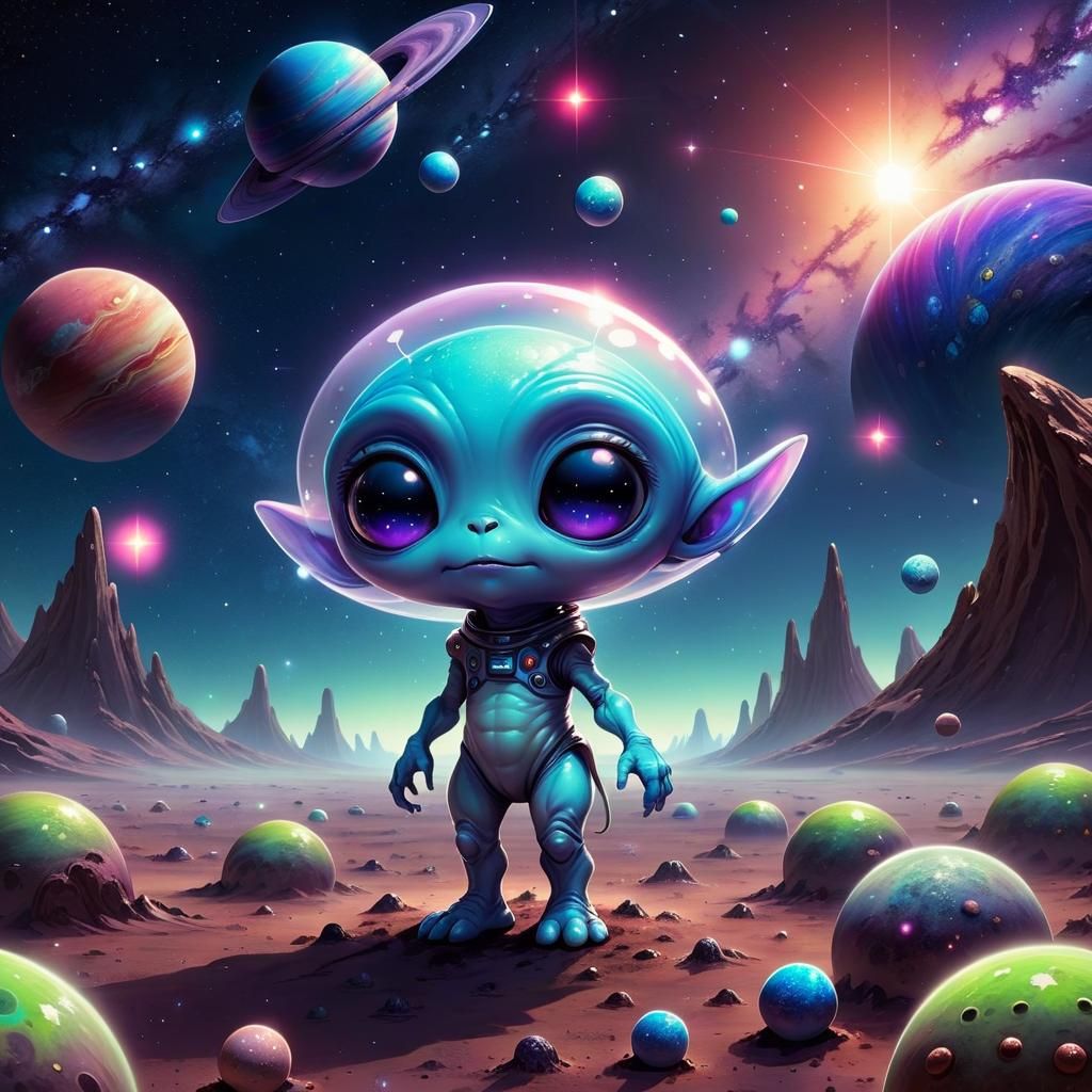 Cute Alien on Galaxy Landscape in Bio Art Style