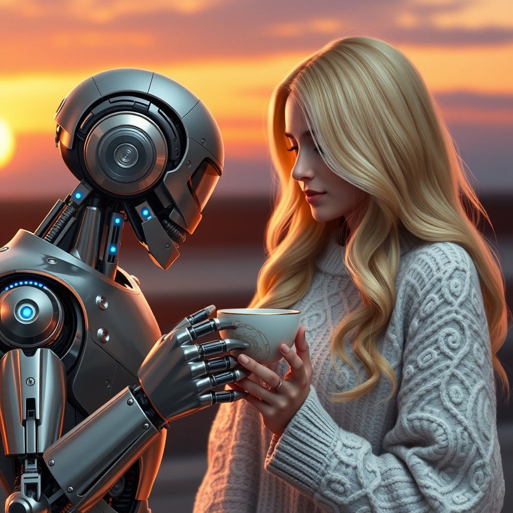 Robot and Blond Woman Sharing Tea, Fantasy Art