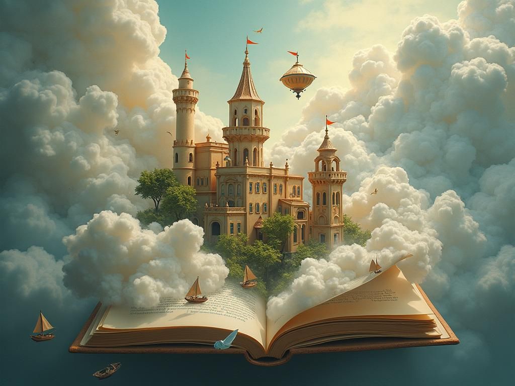 Steampunk Cloud Village Emerging from Book, Surreal Art