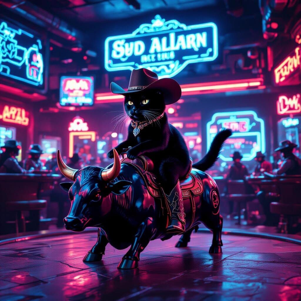 Cat Cowboy Rides Bull in a Futuristic Art Nouveau Saloon