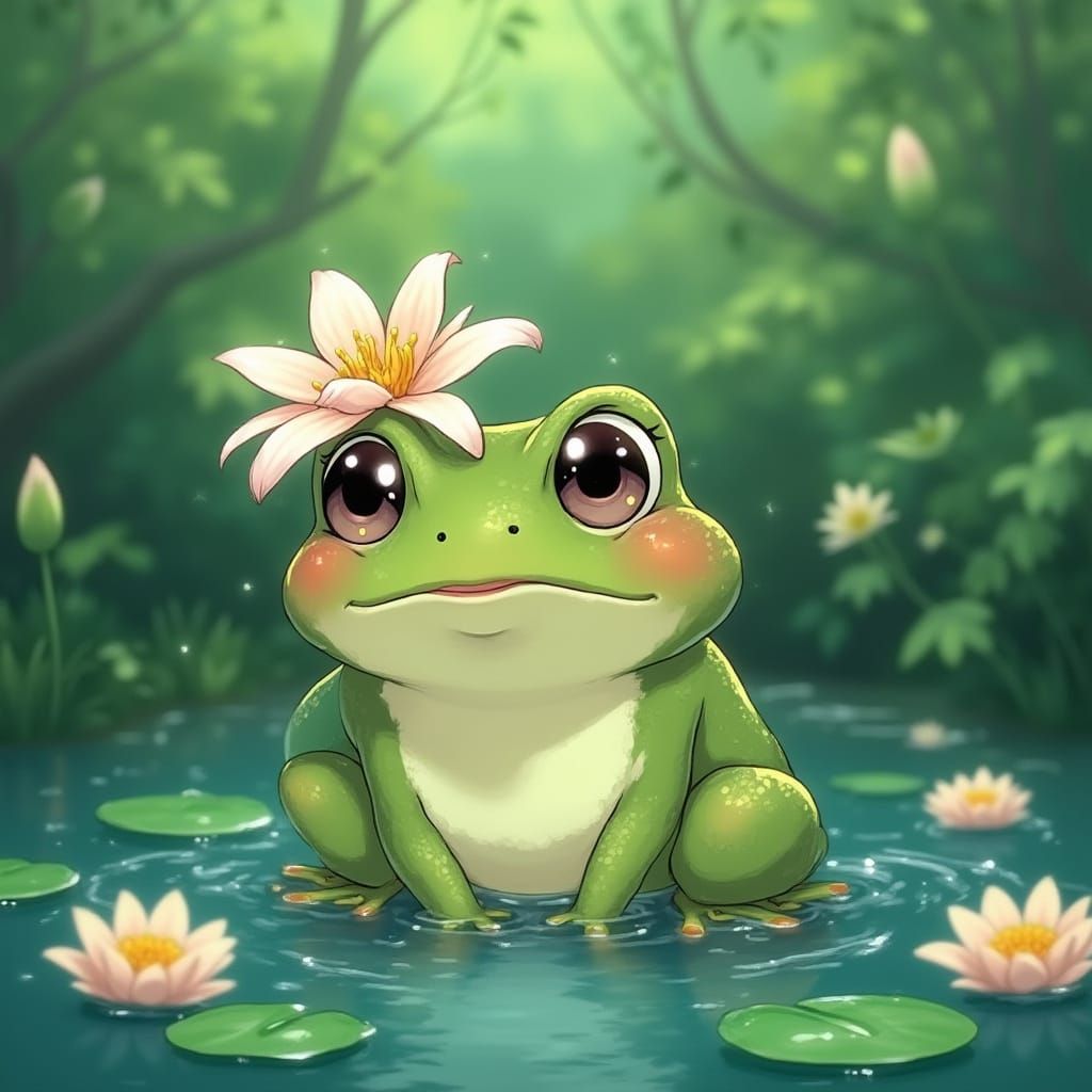 Anime Frog Lady Emerges from Lily Pond