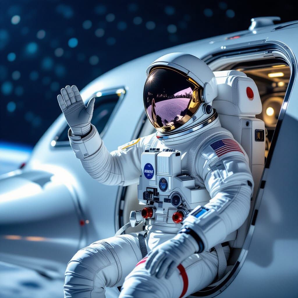 Astronaut Boards Spaceship Waving Goodbye