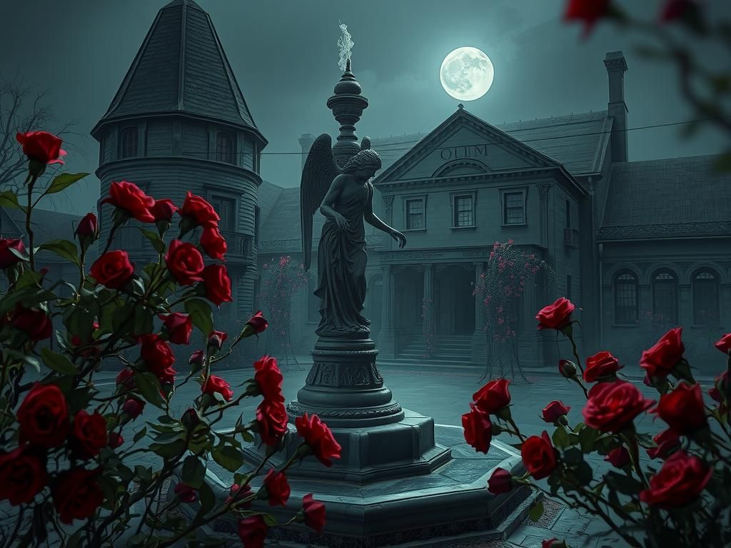Dark Haunted Mansion with Angel Statue, Gothic Horror