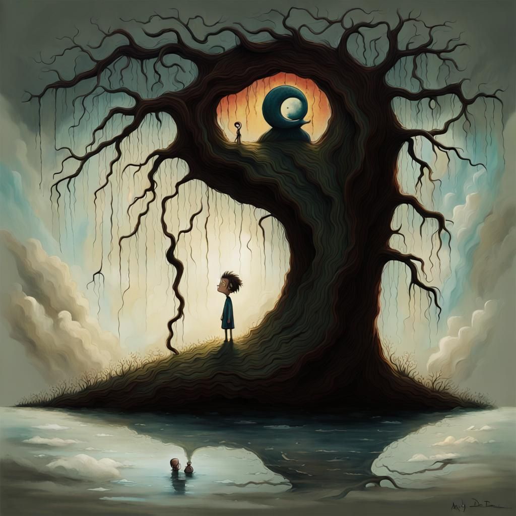 Boy Displaying Complex Emotions in Surreal Style