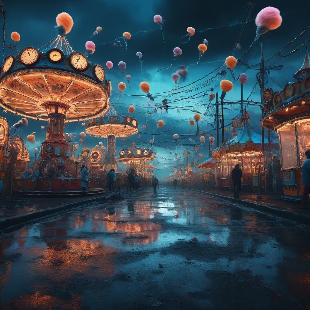 Surreal Carnival with Clockwork Clowns, Digital Art