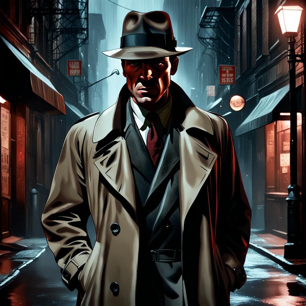 Film Noir Detective Meets Alien in Rainy Alley